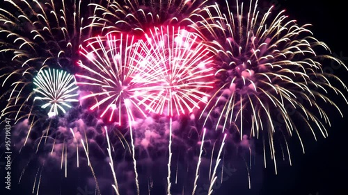 Bright fireworks exploding behind golden palm leaves on a light background, creating a festive and tropical celebration vibe.