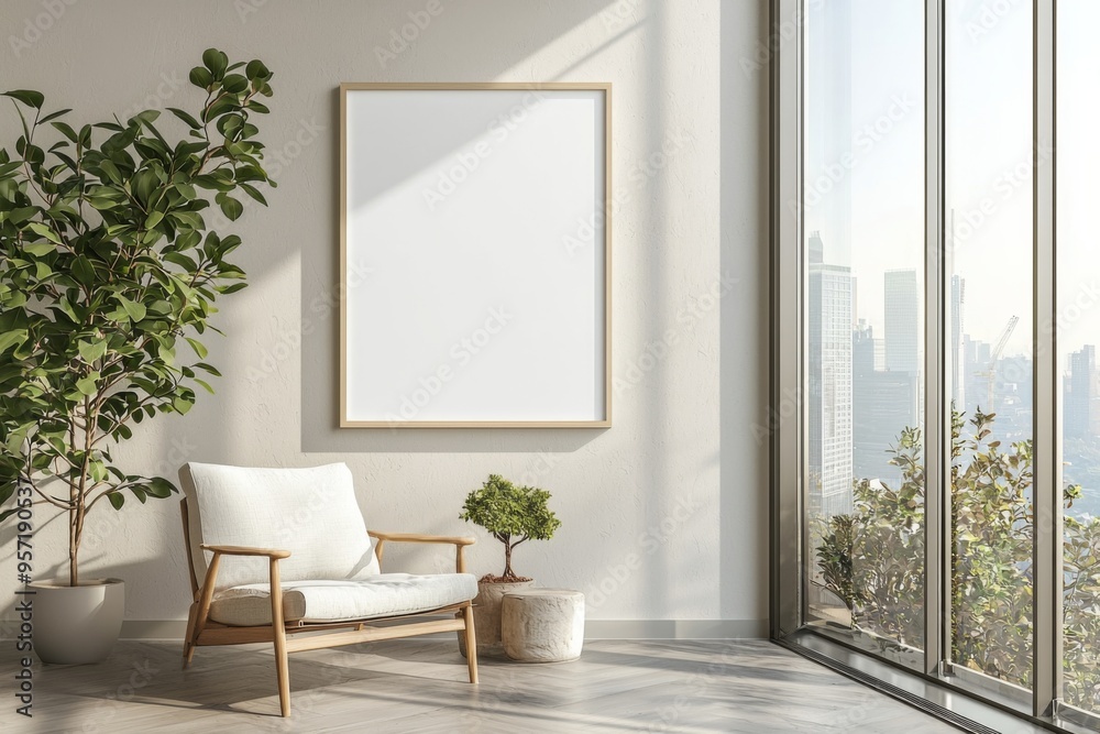 Poster Frame in Beige minimalist living room interior created with generative AI Poster Frame in Beige minimalist living room interior created with generative AI