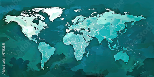 A world map highlighting each country's trade balance, rendered on an unconventional abstract background. Color: Teal.