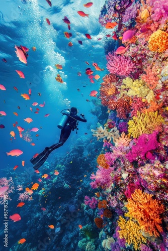 Diver with colorful beautiful coral reef with sea life fishes