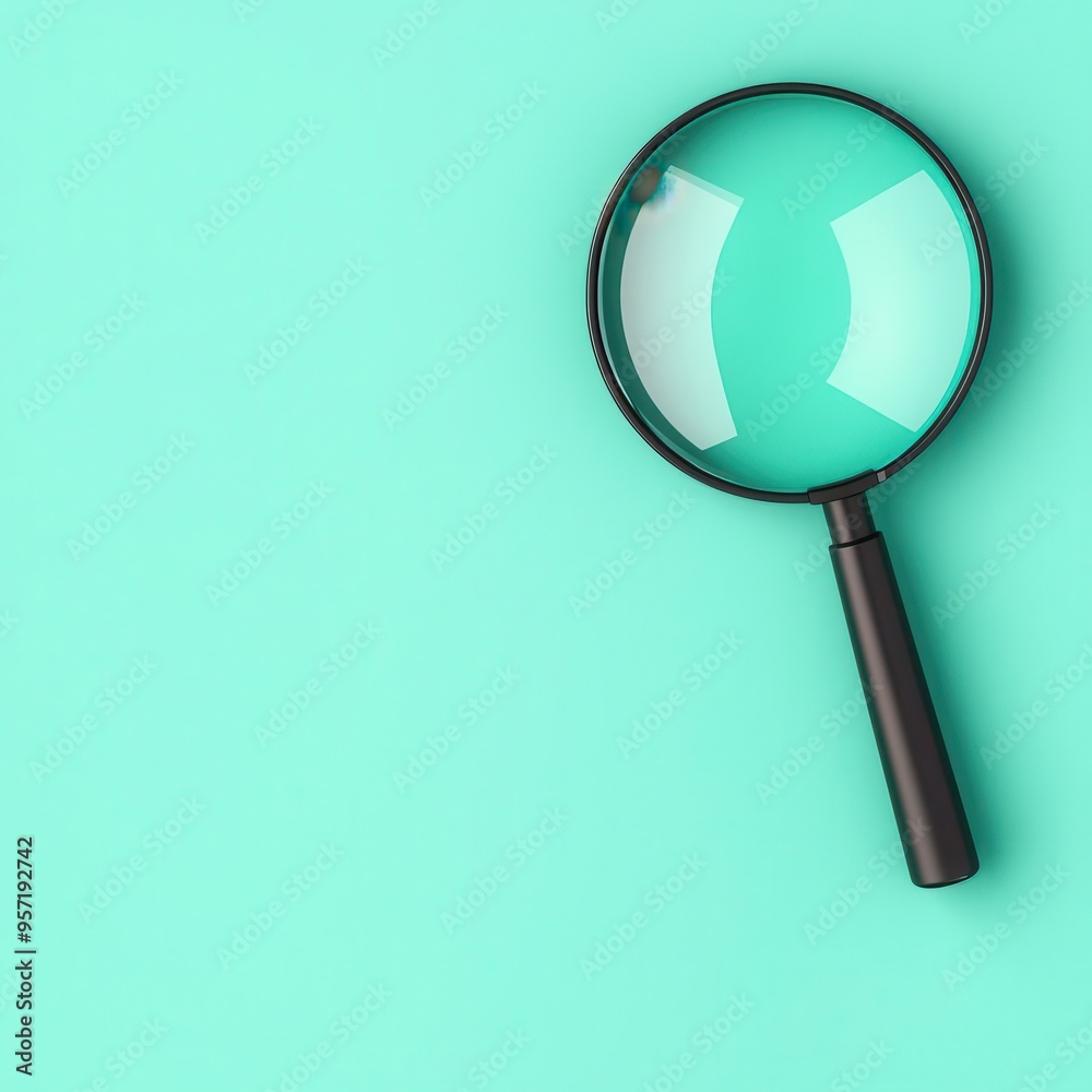 A bright turquoise background featuring a magnifying glass, symbolizing search, analysis, and examination for various applications. A bright turquoise background featuring a magnifying glass, symbolizing search, analysis, and examination for various applications.