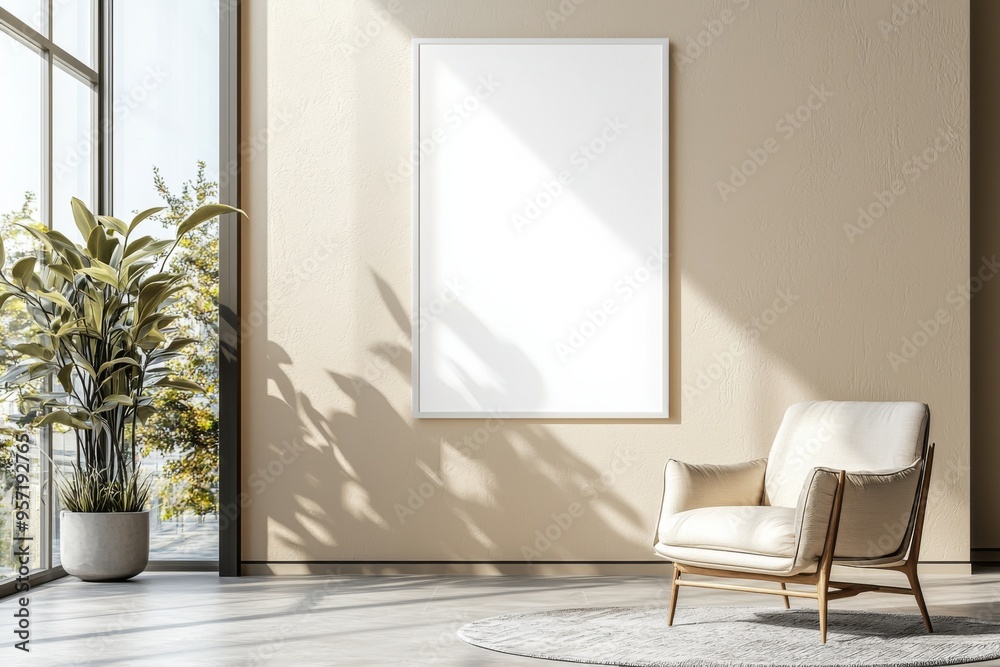 Poster Frame in Beige minimalist living room interior created with generative AI Poster Frame in Beige minimalist living room interior created with generative AI