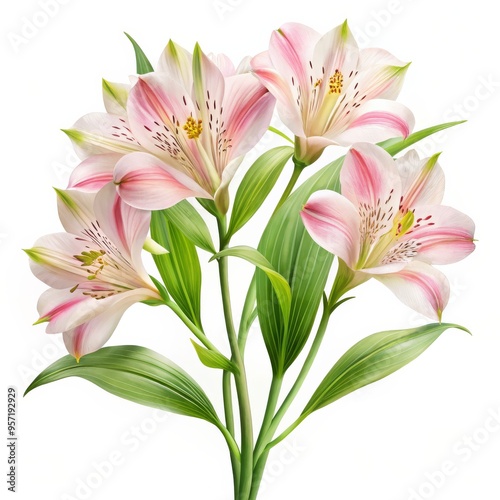 A Bouquet of Pink and White Alstroemeria Flowers with Lush Green Leaves, Flower Photography, Alstroemeria, Bouquet, Floral Art