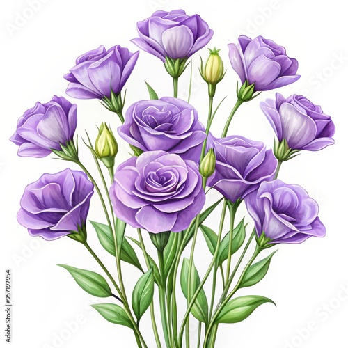 A Bouquet of Purple Lisianthus Flowers, Digital Illustration, White Background, Flower Art, Lisianthus, Bouquet, Purple Flowers