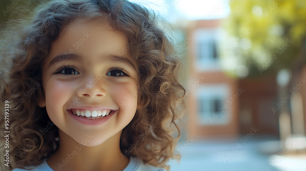 Back-to-School Morning: Curly Hair Girl in Urban Setting Youthful Joy on the First Day of School Back-to-School Morning: Curly Hair Girl in Urban Setting Youthful Joy on the First Day of School