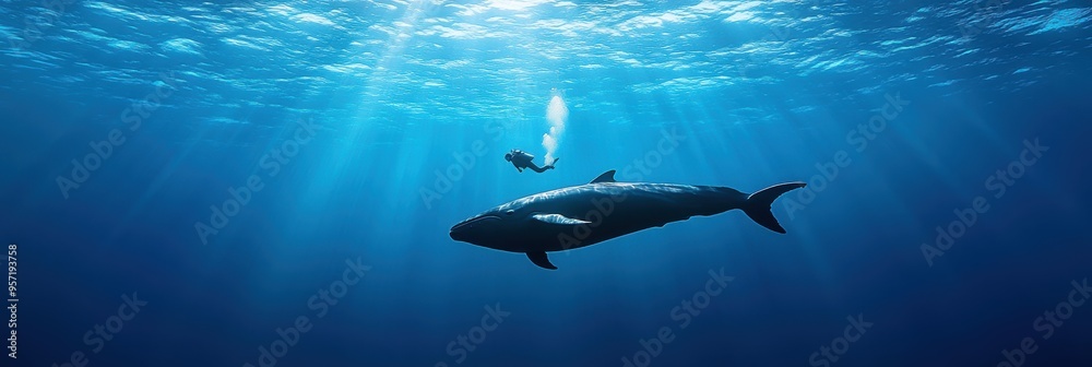 Obraz premium Diver with giant whale in deep sea