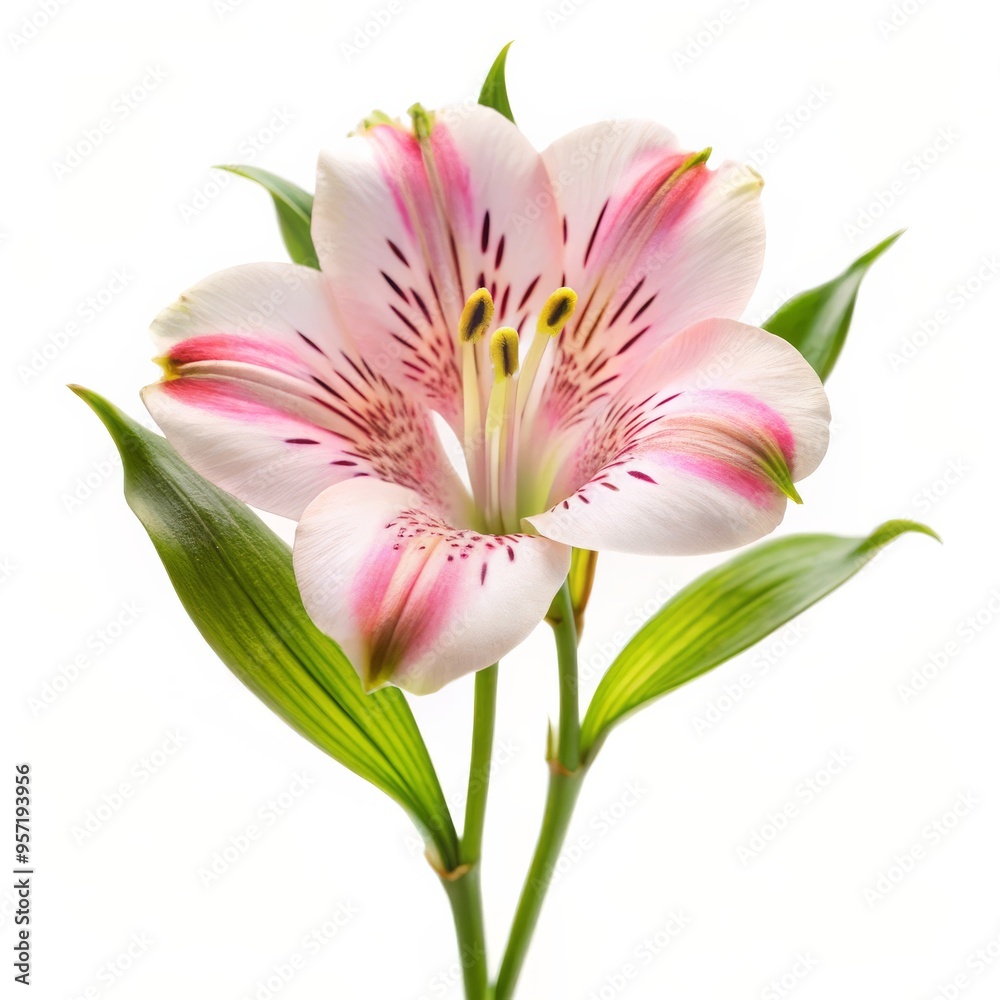 A Single Alstroemeria Flower, Pink and White with Green Leaves, Isolated on White Background, flower, alstroemeria, photography A Single Alstroemeria Flower, Pink and White with Green Leaves, Isolated on White Background, flower, alstroemeria, photography
