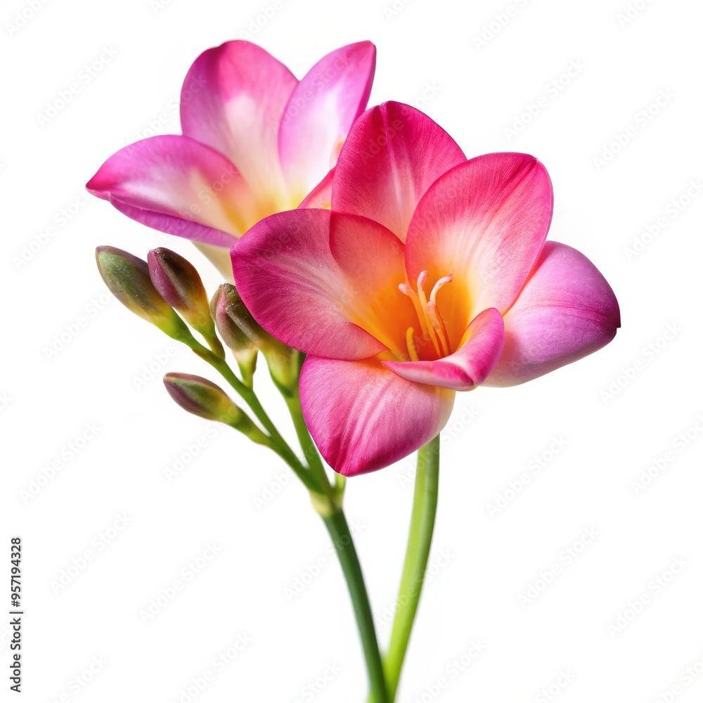 A Single Pink Freesia Flower with Buds on a White Background, Close-Up Photography, Isolated Flower, Freesia, Pink, White A Single Pink Freesia Flower with Buds on a White Background, Close-Up Photography, Isolated Flower, Freesia, Pink, White