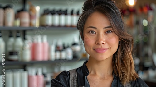 Woman Smiling in a Shop with Bottles on Shelves Behind Her