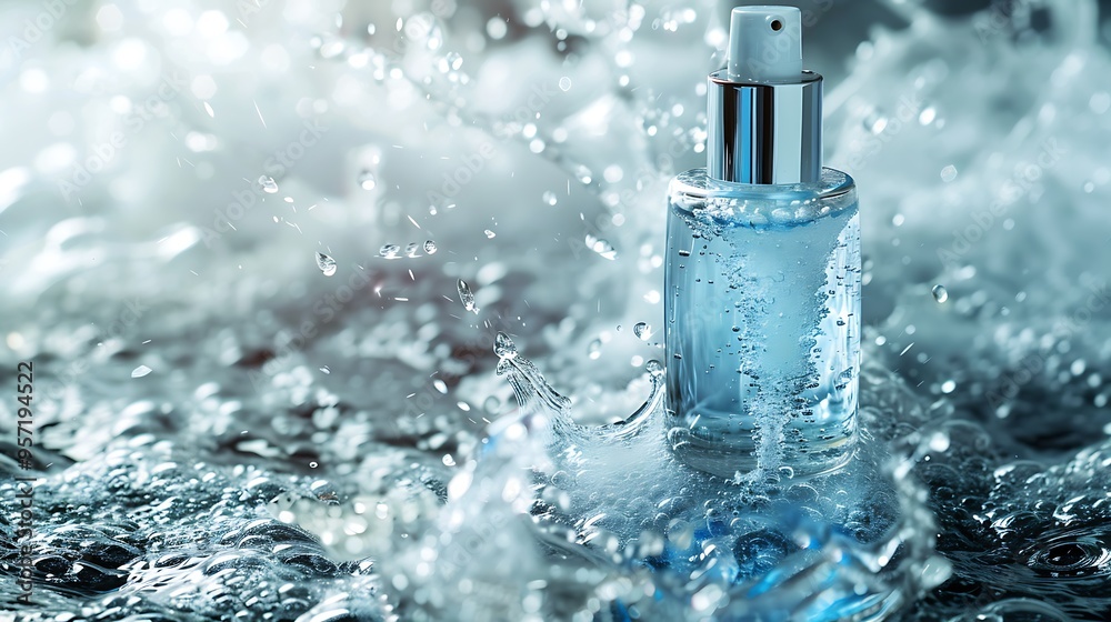 Skincare bottle with splashes over a backdrop of water texture Skincare bottle with splashes over a backdrop of water texture