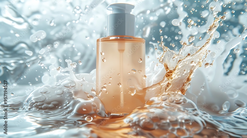 Skincare bottle with splashes over a backdrop of water texture Skincare bottle with splashes over a backdrop of water texture