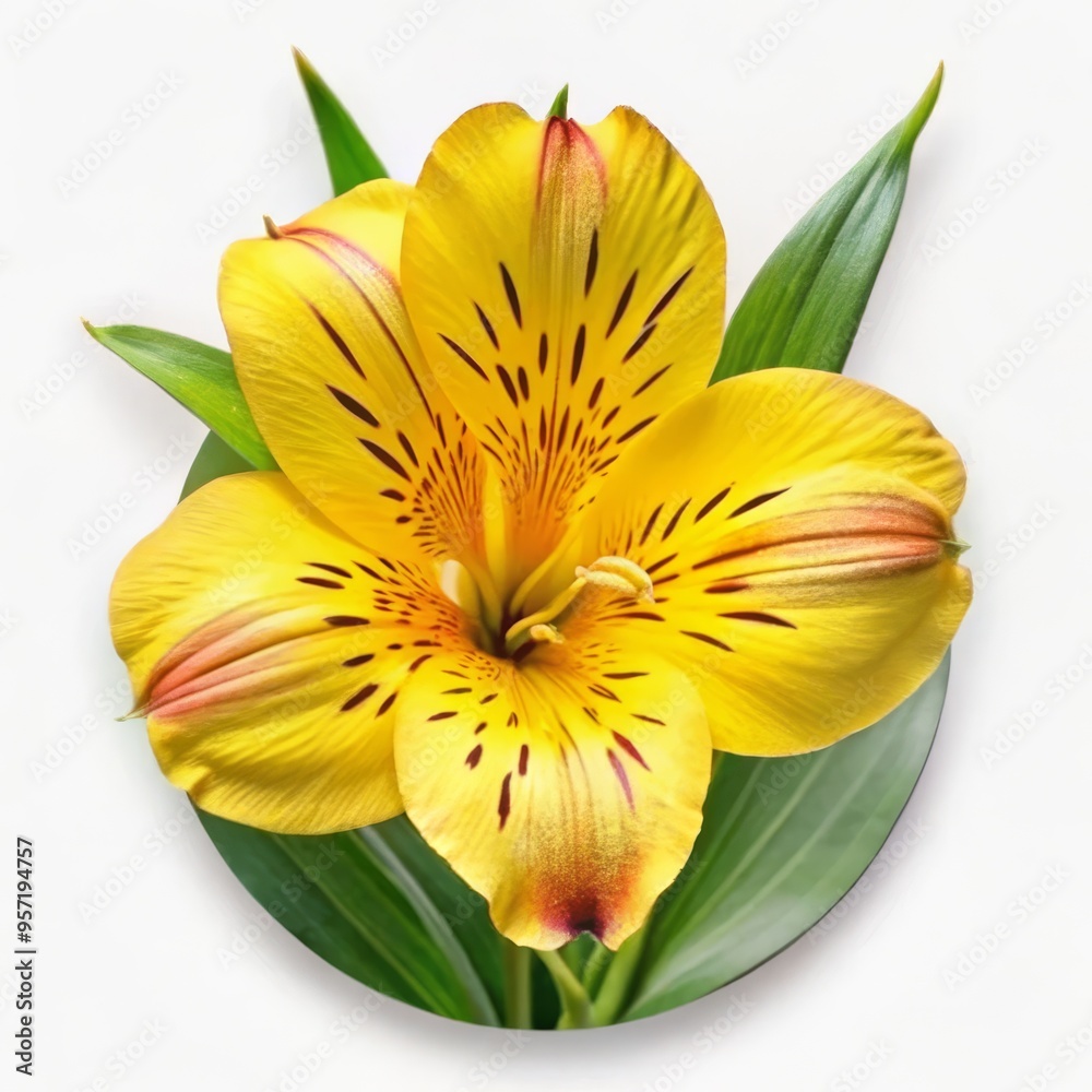 A Single Yellow Lily with Red Stripes, Circular Composition, Isolated on White Background, Flower, Floral, Botany A Single Yellow Lily with Red Stripes, Circular Composition, Isolated on White Background, Flower, Floral, Botany