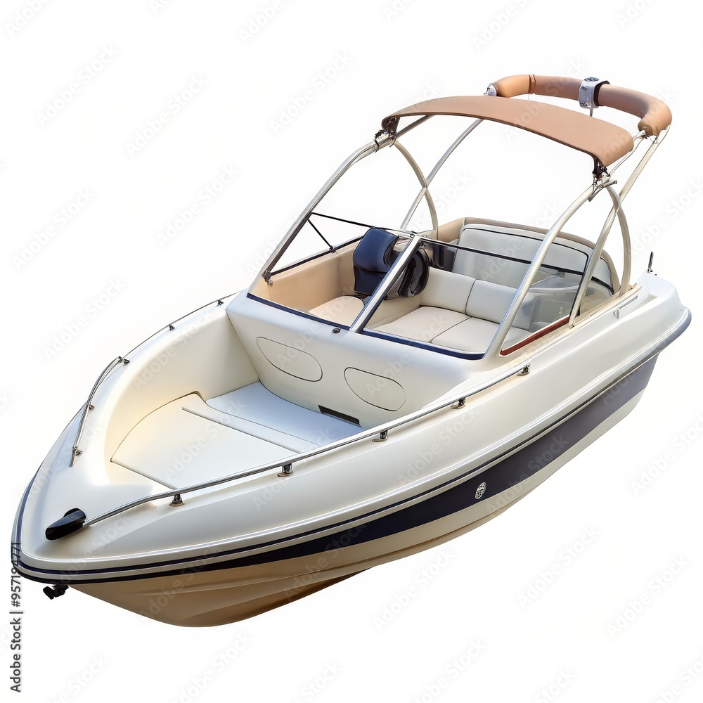 A Sleek White Boat with a Beige Bimini Top, Isolated on a White Background, boat, watercraft, vessel A Sleek White Boat with a Beige Bimini Top, Isolated on a White Background, boat, watercraft, vessel