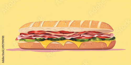 Sub sandwich with visible layers of meat and cheese, lying flat on a plain surface photo