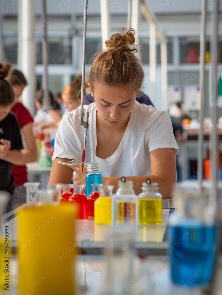 Teenage Girls and Boys Collaborating on a Science Project in Brightly Lit High School Lab - Daytime Hands-On Learning Experience Teenage Girls and Boys Collaborating on a Science Project in Brightly Lit High School Lab - Daytime Hands-On Learning Experience