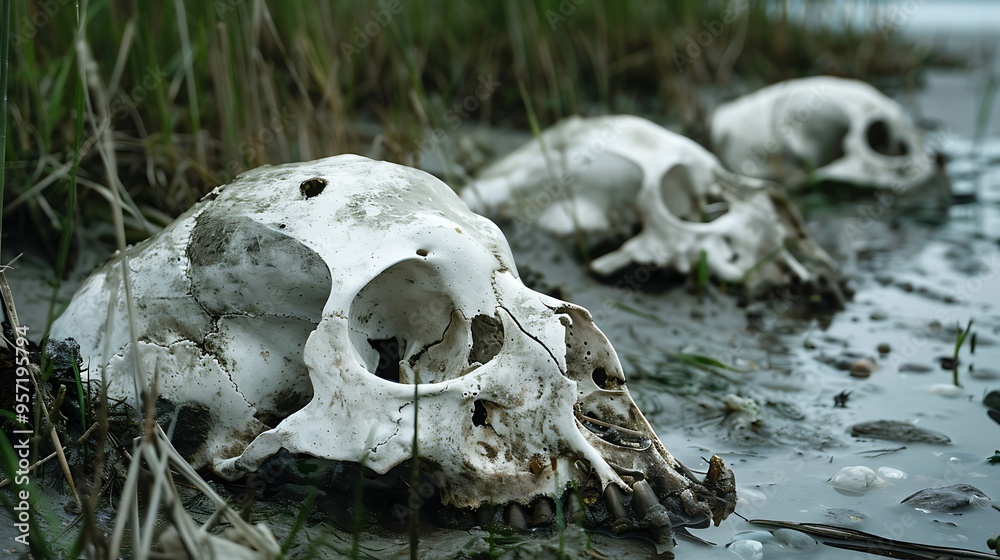 Skulls of animals found along the shore Skulls of animals found along the shore