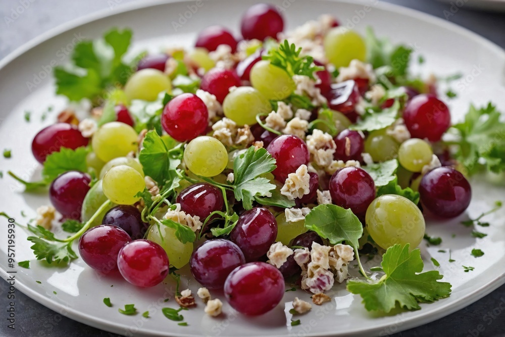 Grape Salad: A small portion of grape salad with vibrant greens and halved grapes, placed on a plain white plate Grape Salad: A small portion of grape salad with vibrant greens and halved grapes, placed on a plain white plate