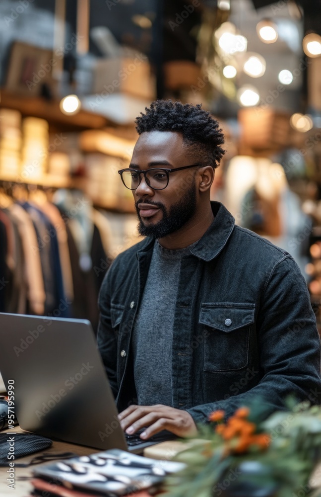 Black man in casual attire working on a laptop, with accessories on a table Black man in casual attire working on a laptop, with accessories on a table