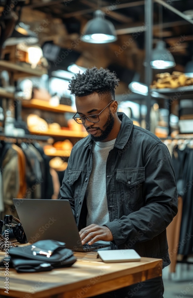 Black man in casual attire working on a laptop, with accessories on a table