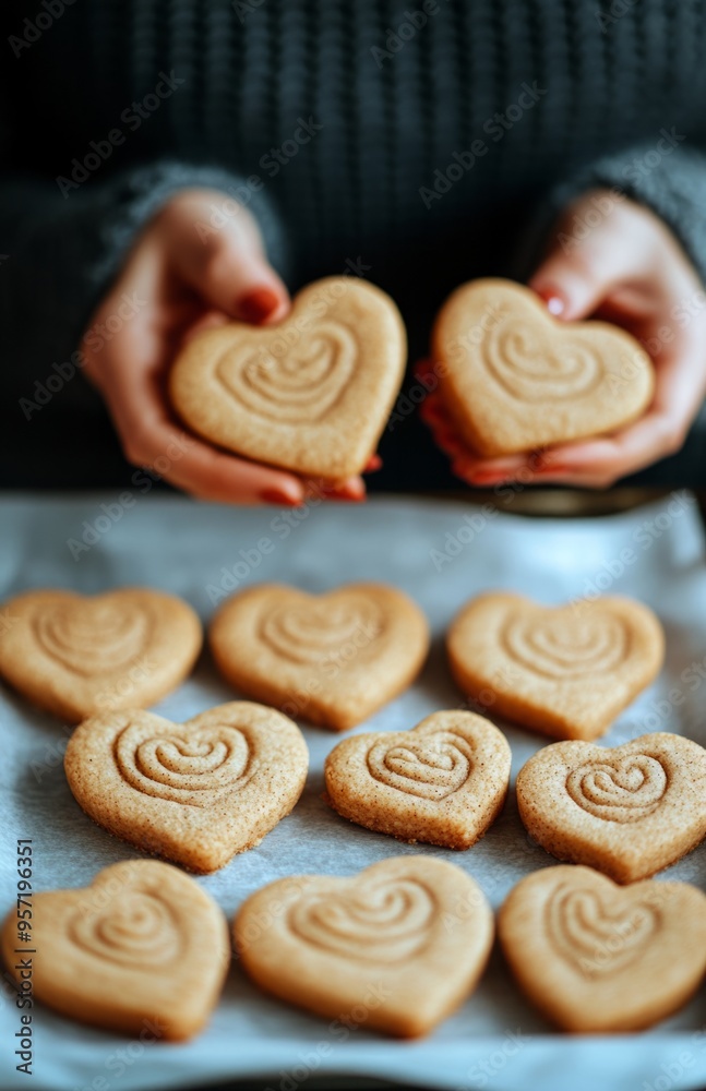 Close up of hands holding heart-shaped cookies on baking paper, surrounded by cinnamon sugar cookie dough Close up of hands holding heart-shaped cookies on baking paper, surrounded by cinnamon sugar cookie dough