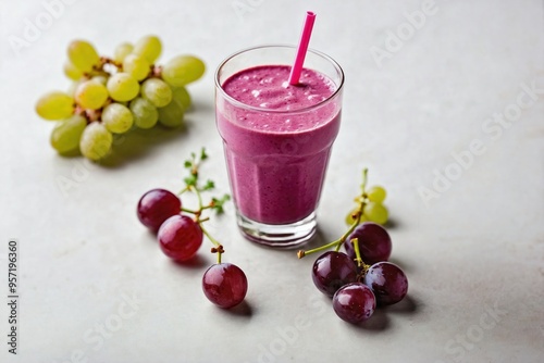 Wallpaper Mural Grape Smoothie: Overhead view of a minimalist glass of grape smoothie on a plain white background, with a few whole grapes placed beside the glass. Torontodigital.ca
