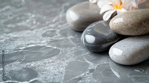Smooth river stones arranged on a gray marble surface with delicate white and yellow flowers enhancing the tranquil ambiance