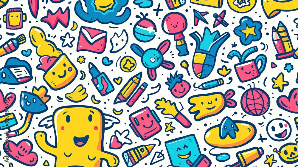 Colorful Doodle Pattern with Smiling Faces and Objects Colorful Doodle Pattern with Smiling Faces and Objects