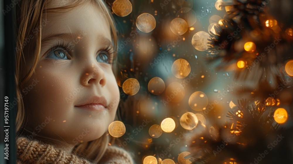 Fototapeta premium A young girl is looking out a window at a Christmas tree