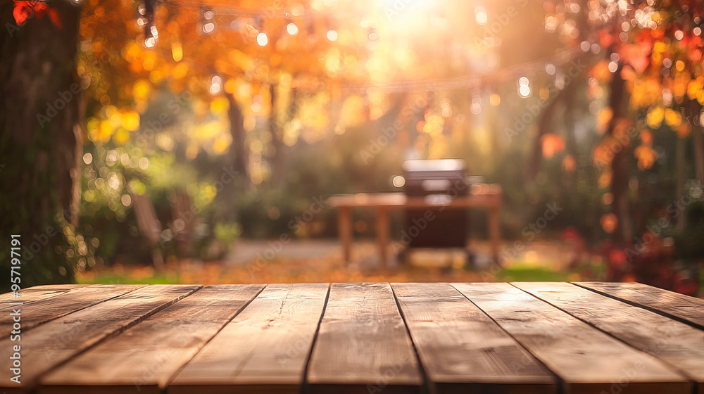 Autumn party in backyard garden with grill and wooden table Autumn party in backyard garden with grill and wooden table