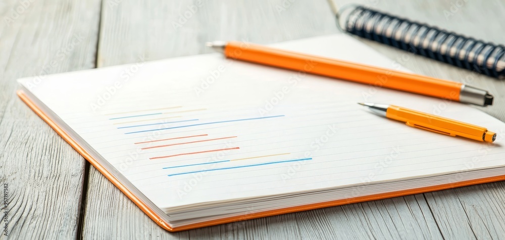Business plan binder with charts and notes, organized approach to company strategy