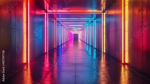 Neon-Lit Corridor with Colorful Glowing Lines and Reflections