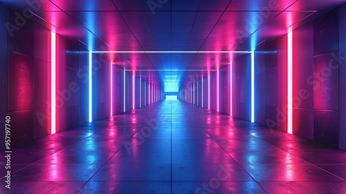 Neon-Lit Hallway with Pink and Blue Lights