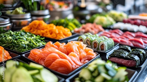 A variety of fresh sushi ingredients displayed on a sushi bar, including fish, vegetables, and seaweed