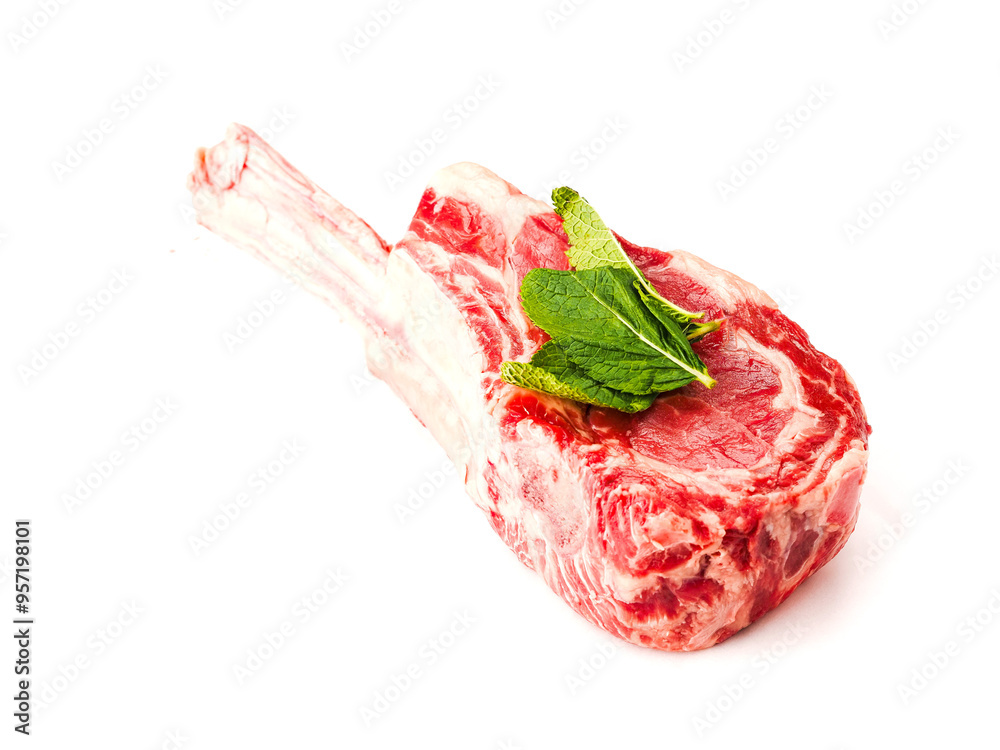 Fancy tomahawk steak on the bone on white background. Premium high quality beef cut product. Craft and expensive meat production. Fancy tomahawk steak on the bone on white background. Premium high quality beef cut product. Craft and expensive meat production.