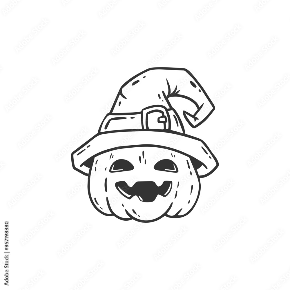 Cute halloween pumpkin in a witch hat. Halloween pumpkin coloring page for kids. Black and white illustration. Vector illustration. Cute halloween pumpkin in a witch hat. Halloween pumpkin coloring page for kids. Black and white illustration. Vector illustration.