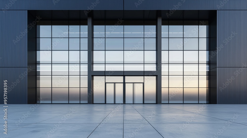 Industrial building front with large glass panels and metal framework, modern architecture, 3D illustration Industrial building front with large glass panels and metal framework, modern architecture, 3D illustration