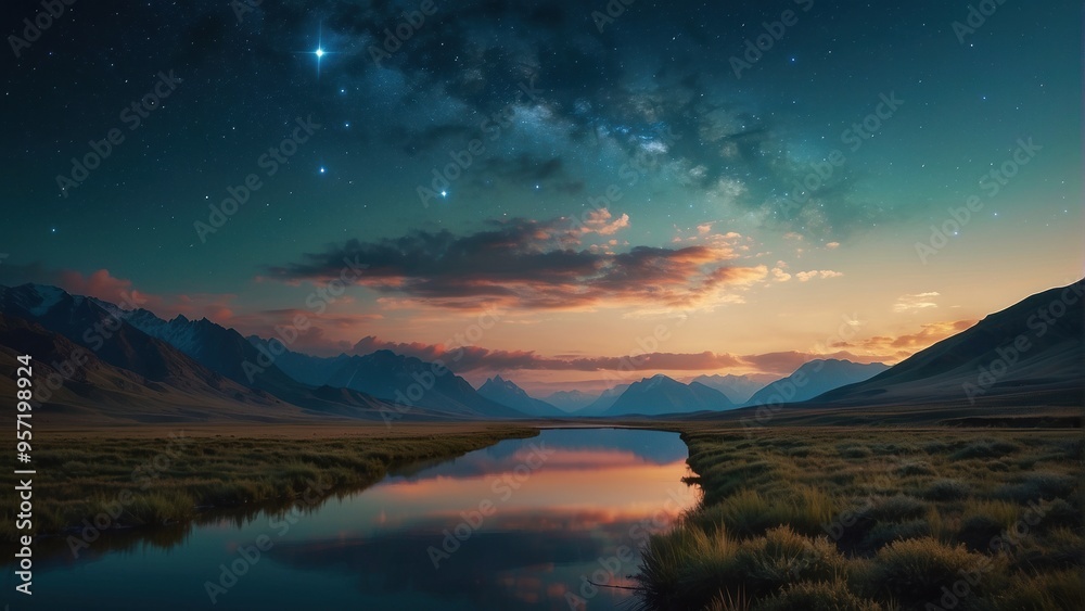 Fototapeta premium Wallpaper landscape of setting sun over mountains and beautiful sky with galaxy