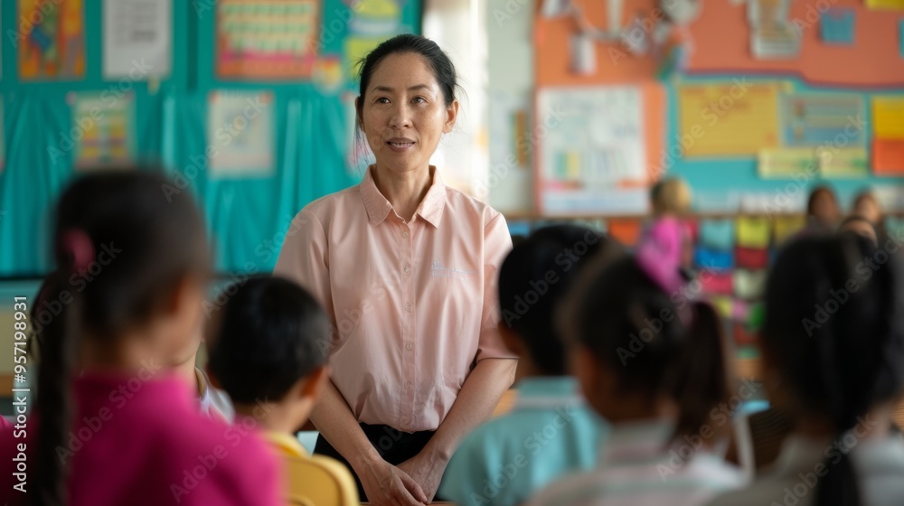 Engaged Asian Female Teacher Leading Group Activity in Vibrant Elementary Classroom with Active Participation Engaged Asian Female Teacher Leading Group Activity in Vibrant Elementary Classroom with Active Participation