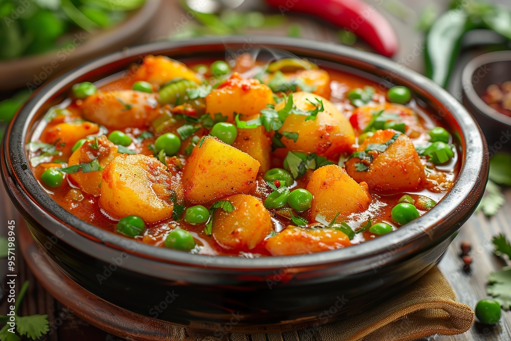 Classic Aloo Mutter curry with spiced potatoes and peas Classic Aloo Mutter curry with spiced potatoes and peas