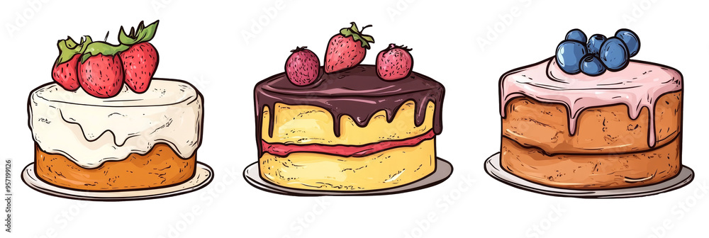 Colorful cake set on white isolated background featuring three distinct designs with fruit toppings Colorful cake set on white isolated background featuring three distinct designs with fruit toppings