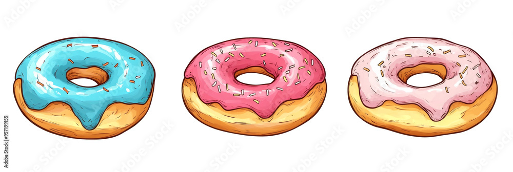 Colored donuts on a white background showcasing three distinct flavors in doodle style Colored donuts on a white background showcasing three distinct flavors in doodle style
