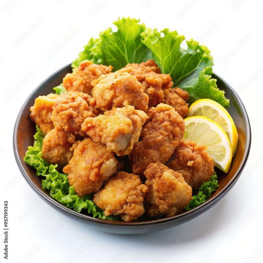 Crispy Fried Chicken with Lemon and Lettuce in a Brown Bowl, Japanese Cuisine, Fried Chicken, Appetizer, Asian Food Crispy Fried Chicken with Lemon and Lettuce in a Brown Bowl, Japanese Cuisine, Fried Chicken, Appetizer, Asian Food