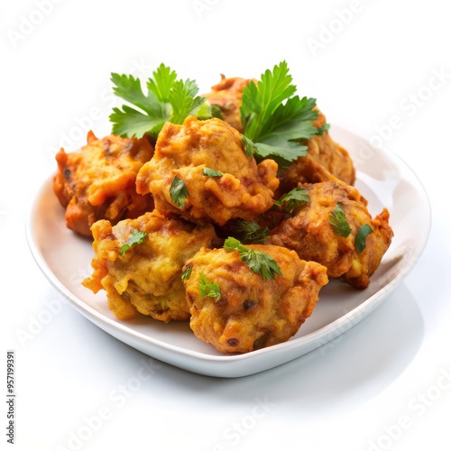 Crispy Golden Pakoras with Fresh Parsley on White Plate, Indian Food, Snack, Appetizer, pakora, indian food, snack