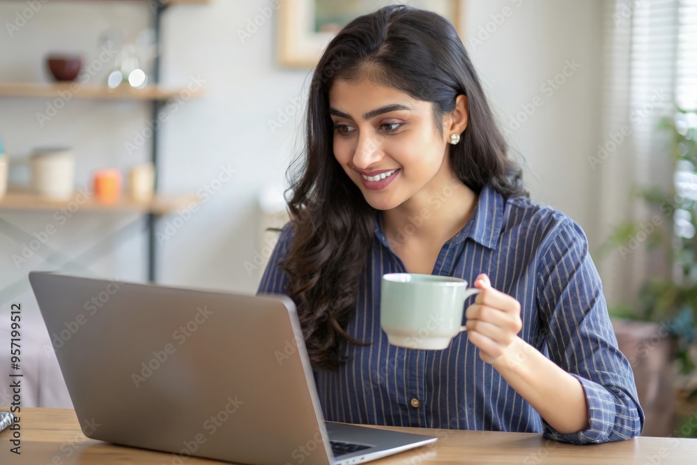 An Indian female student using a laptop while enjoying a cup of coffee.
An Indian female student using a laptop while enjoying a cup of coffee.