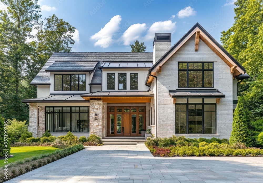 Modern Farmhouse with White Brick and Stone Facade Modern Farmhouse with White Brick and Stone Facade