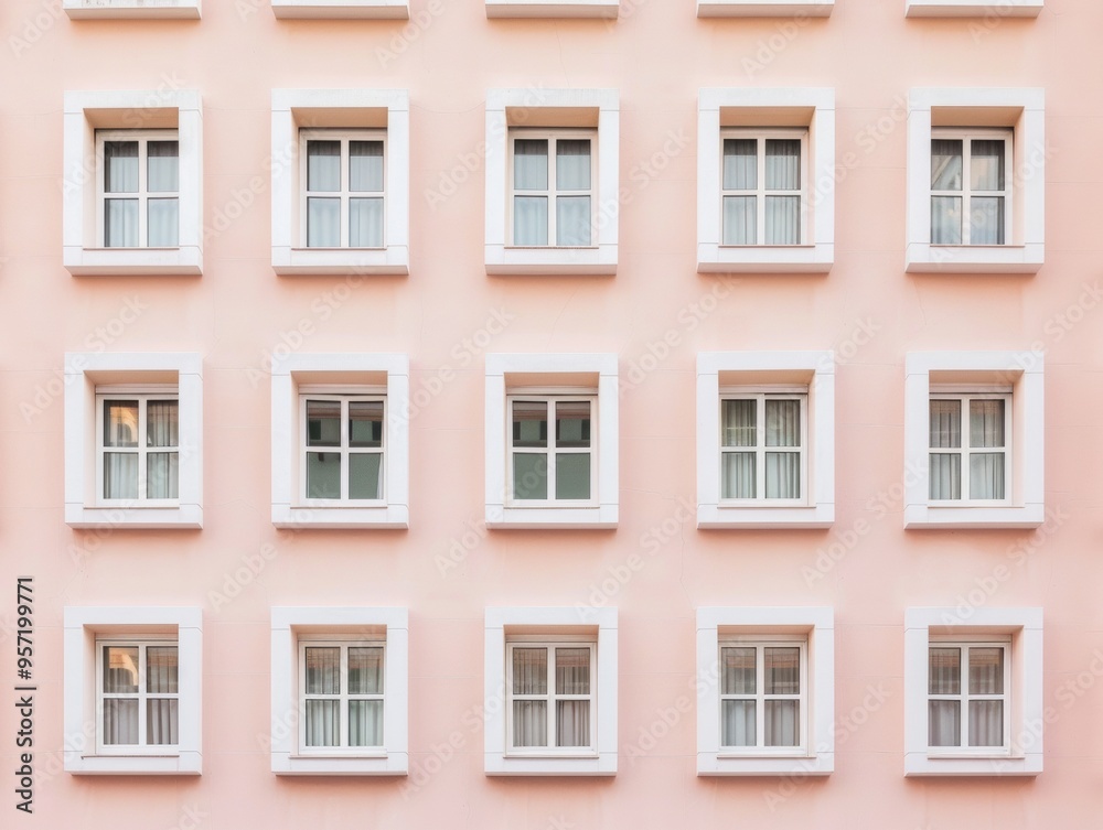 Aerial View of Symmetrical Pastel Windows with Geometric Patterning in Soft Diffused Lighting Aerial View of Symmetrical Pastel Windows with Geometric Patterning in Soft Diffused Lighting