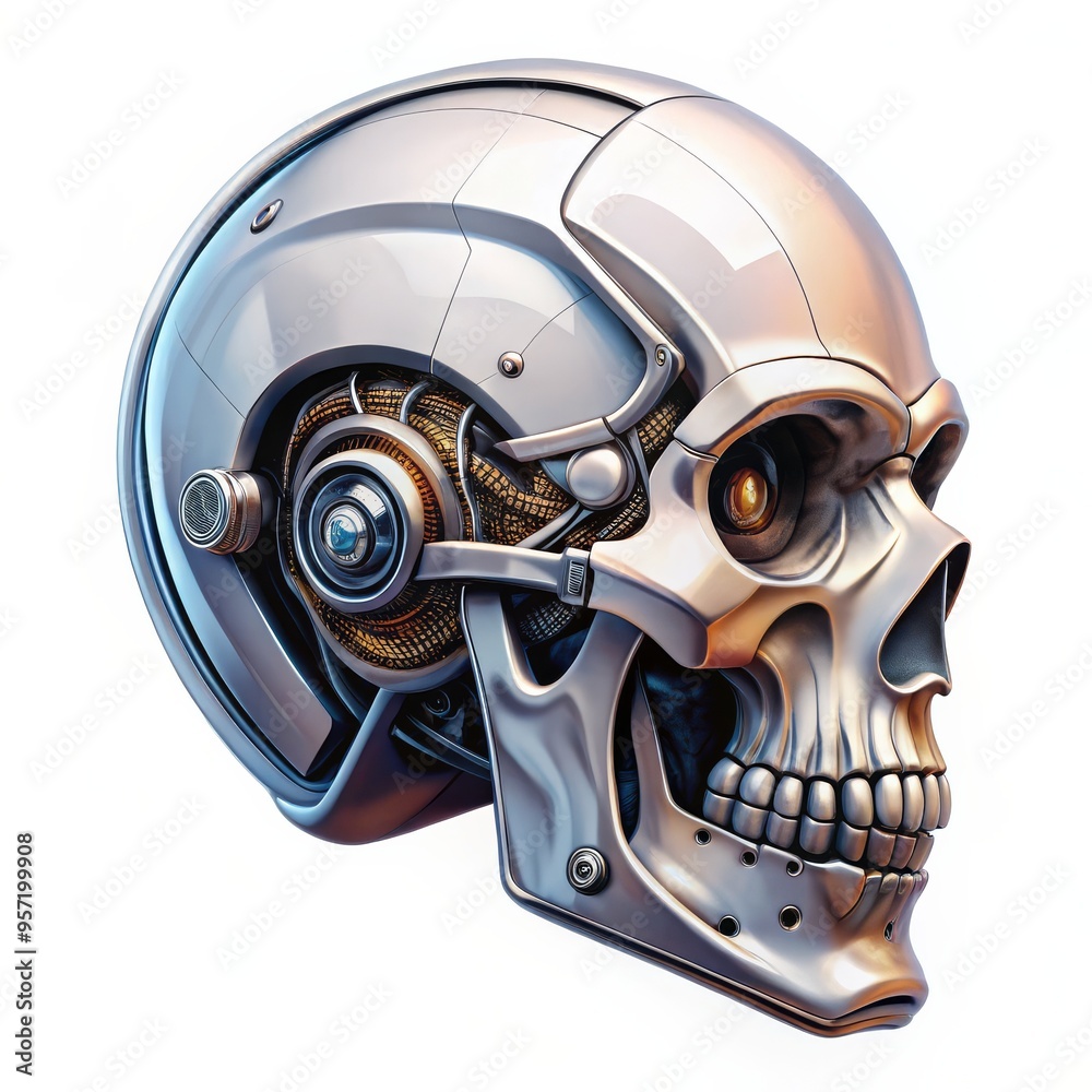 Cybernetic Skull 3D Rendered Silver and Gold Robotic Skull with Glowing Eye, futuristic , sci-fi, 3d model Cybernetic Skull 3D Rendered Silver and Gold Robotic Skull with Glowing Eye, futuristic , sci-fi, 3d model