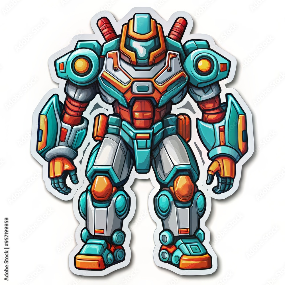 Cyberpunk Mech Sticker Design A bold, colorful sticker of a futuristic mech robot with a bright blue and orange color scheme., sticker design, mecha, robot , cyberpunk Cyberpunk Mech Sticker Design A bold, colorful sticker of a futuristic mech robot with a bright blue and orange color scheme., sticker design, mecha, robot , cyberpunk