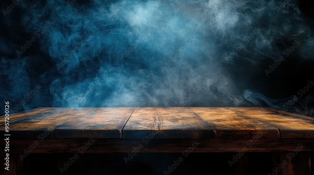 Rustic Wooden Table with Swirling Smoke and Moody Lighting