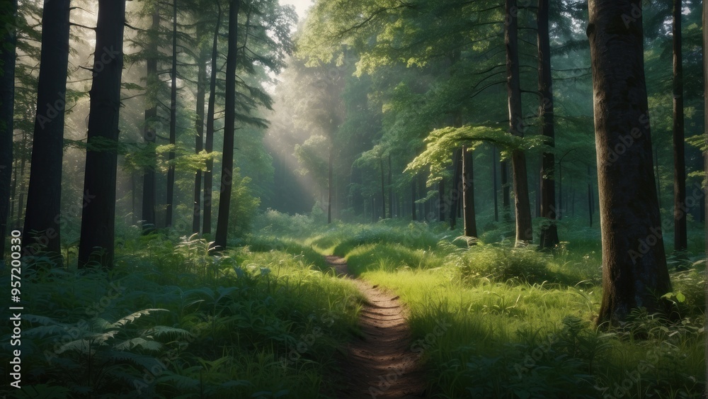 Fototapeta premium Wallpaper natural summer forest and sun rays penetrating through trees